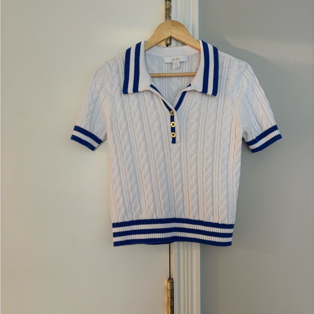 Lilly Pulitzer White Cable-Knit Polo with Blue Trim